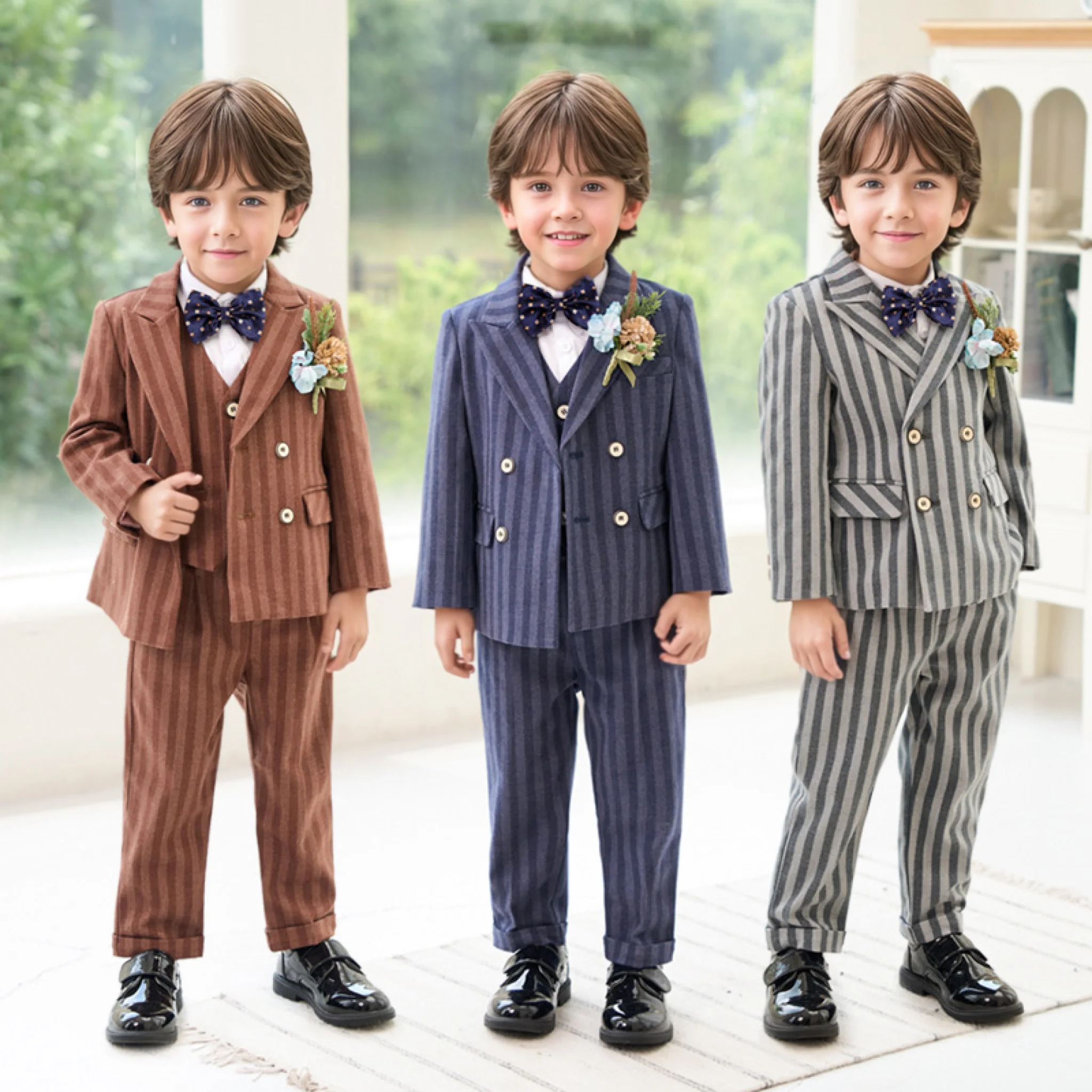 Boys Striped Suit Set Kids Formal Wedding Birthday Party Dress Children's Piano Host Speech Performance Costume