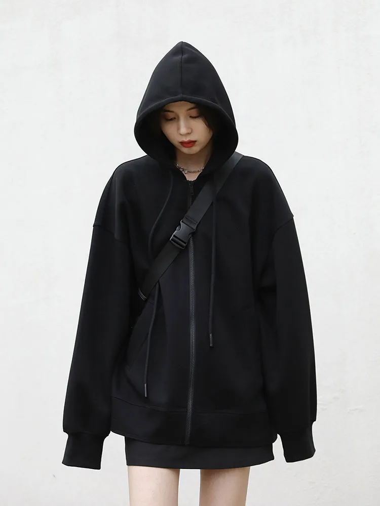 Women Hoodies Solid Color Zip Up Pocket Oversized Harajuku Korean Sweatshirts Female Long Sleeve Hooded Streetwear Casual Top