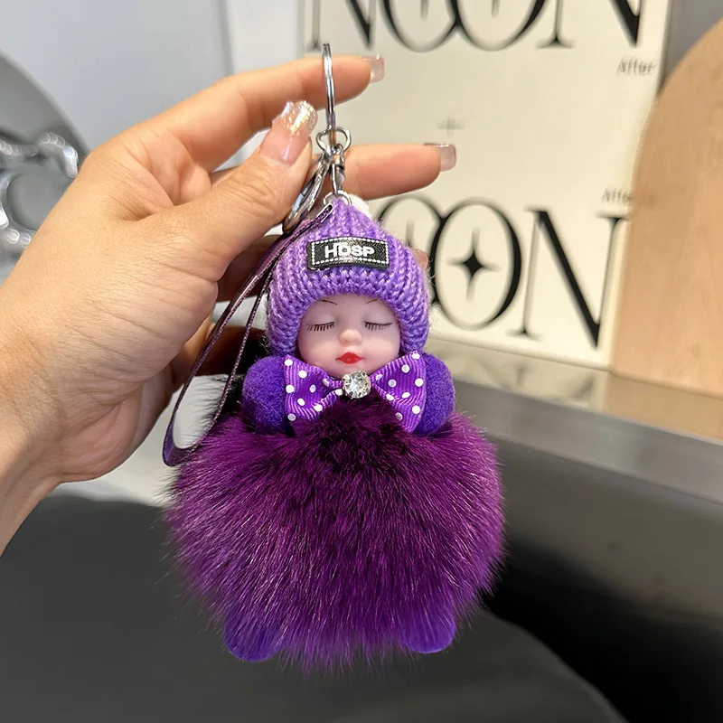 Cute Sleep Baby Pompom Keychain Real Fox Fur Doll Keyring Plush Doll Pendant Fashion Key Holder Chain for Car Key Ring Women Bag