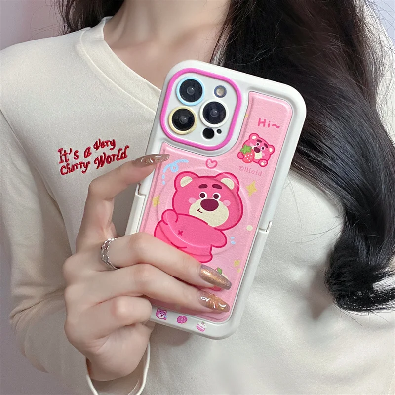 Cartoon Disney Winnie Lotso Magnetic Attraction Case For iPhone 15 14 13 12 11 Pro Max INS Hot Anime Leather Back Phone Cover