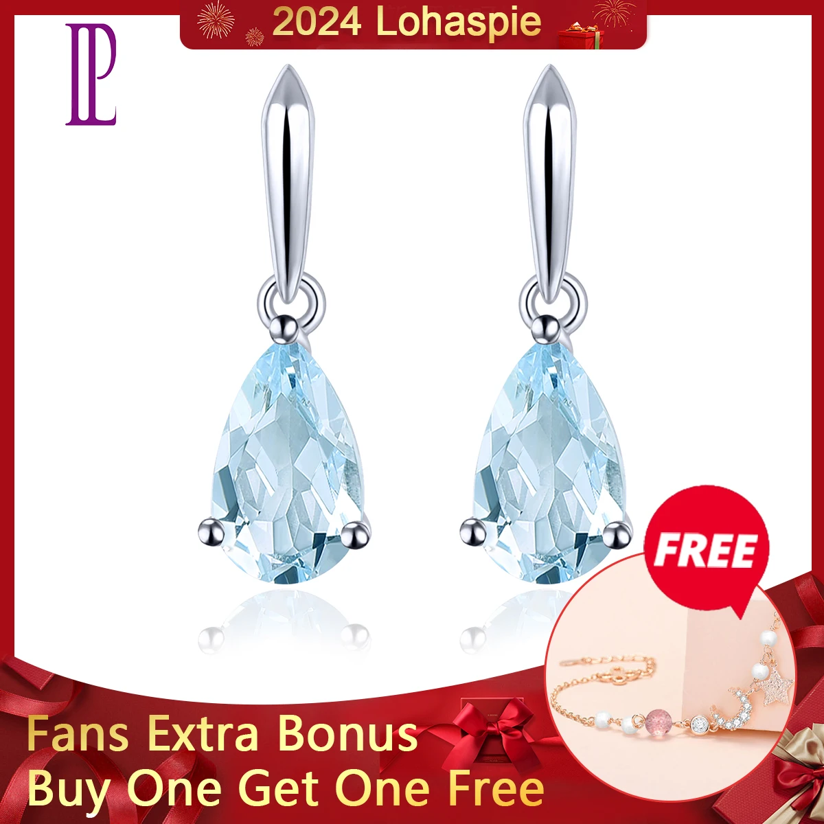 Lohaspie Natural Aquamarine Real 14K White Gold Earring 1.5 Carats Genuine Gemstone Light Blue Women Classic Exquisite Style