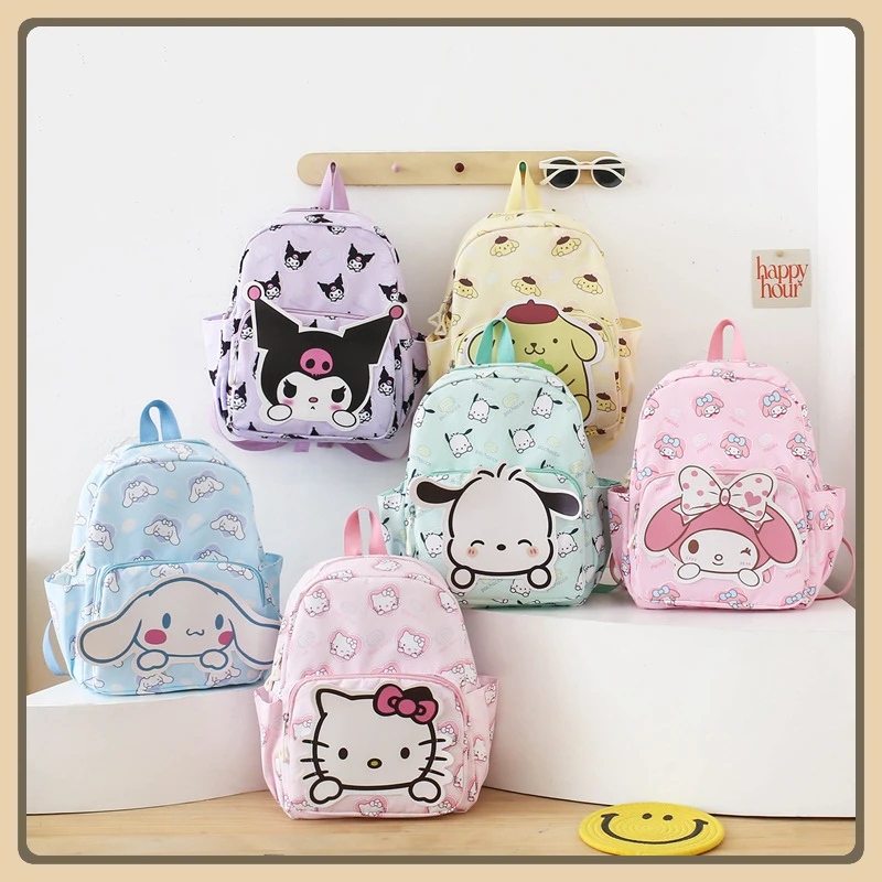 Hello Kitty Sanrio ransel Anime, Kuromi Cinnamoroll tas sekolah dengan dompet pesona, mahasiswa gadis perjalanan kasual ransel bepergian