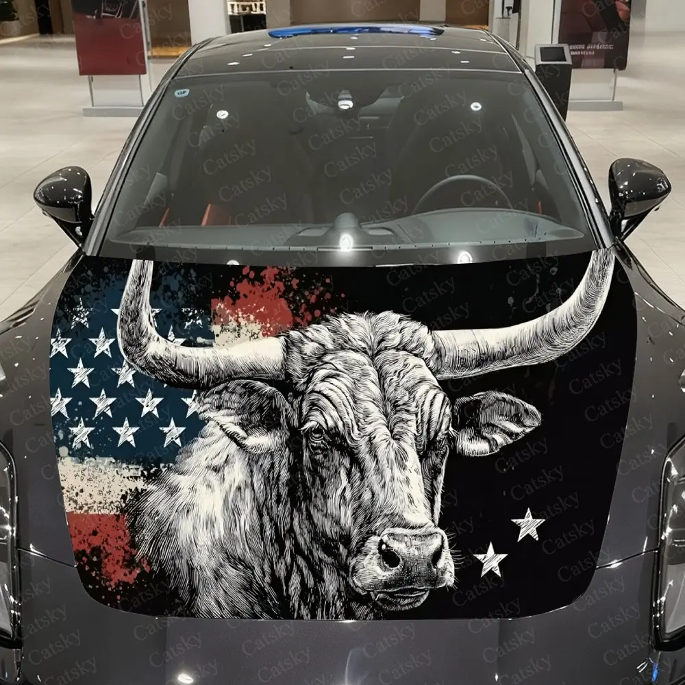Bull Wrapped in Star Patterns Car Vinyl Wrap, PVC Material Waterproof Car Hood Sticker, Self-Adhesive Scratch-Resistant Stickers
