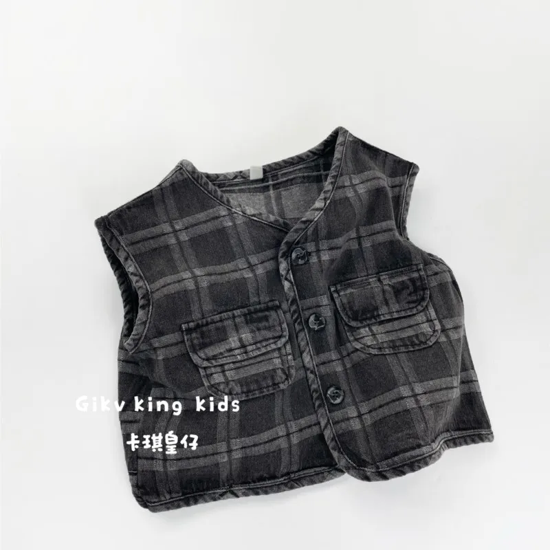 Spring New Children Sleeveless Plaid Vest Toddler Boys Vintage Distressed Vest Cardigan Girls Denim Jacket Kids Clothes