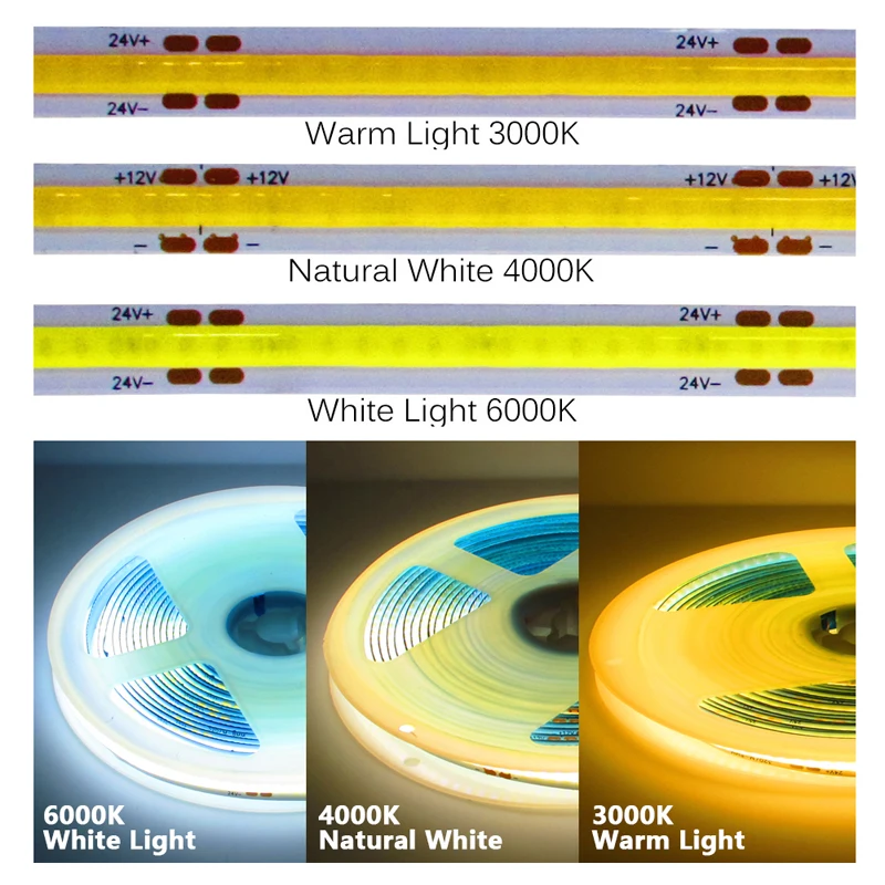 12V 24V COB LED Strip Lights Tape Diode 12 24 V Volt 320/384/528LEDs/m 0.5m 1m 2m 3m 4m 5m High Density Flexible Linear Dimmable