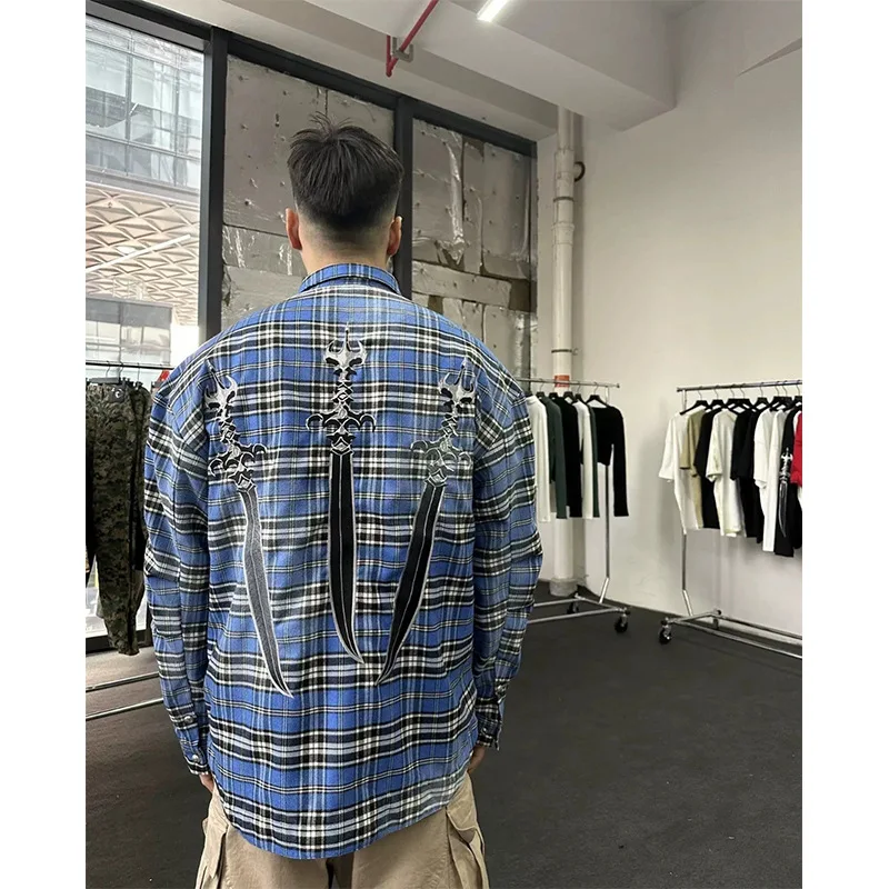 

Thug Club 2026 New Holy Sword Embroidered American Vintage Blue Plaid Shirt Washed High-Street Fashion Brand Oversized Jacket
