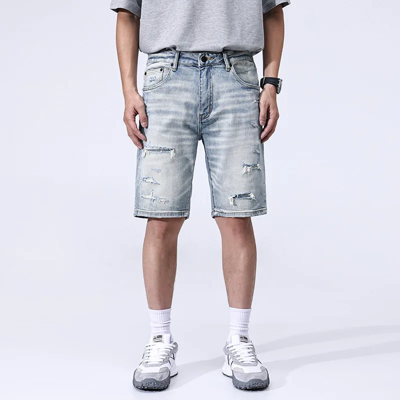

Summer minimalist elastic high-quality washed and polished white five quarter shorts for men light luxury Japanese denim shorts