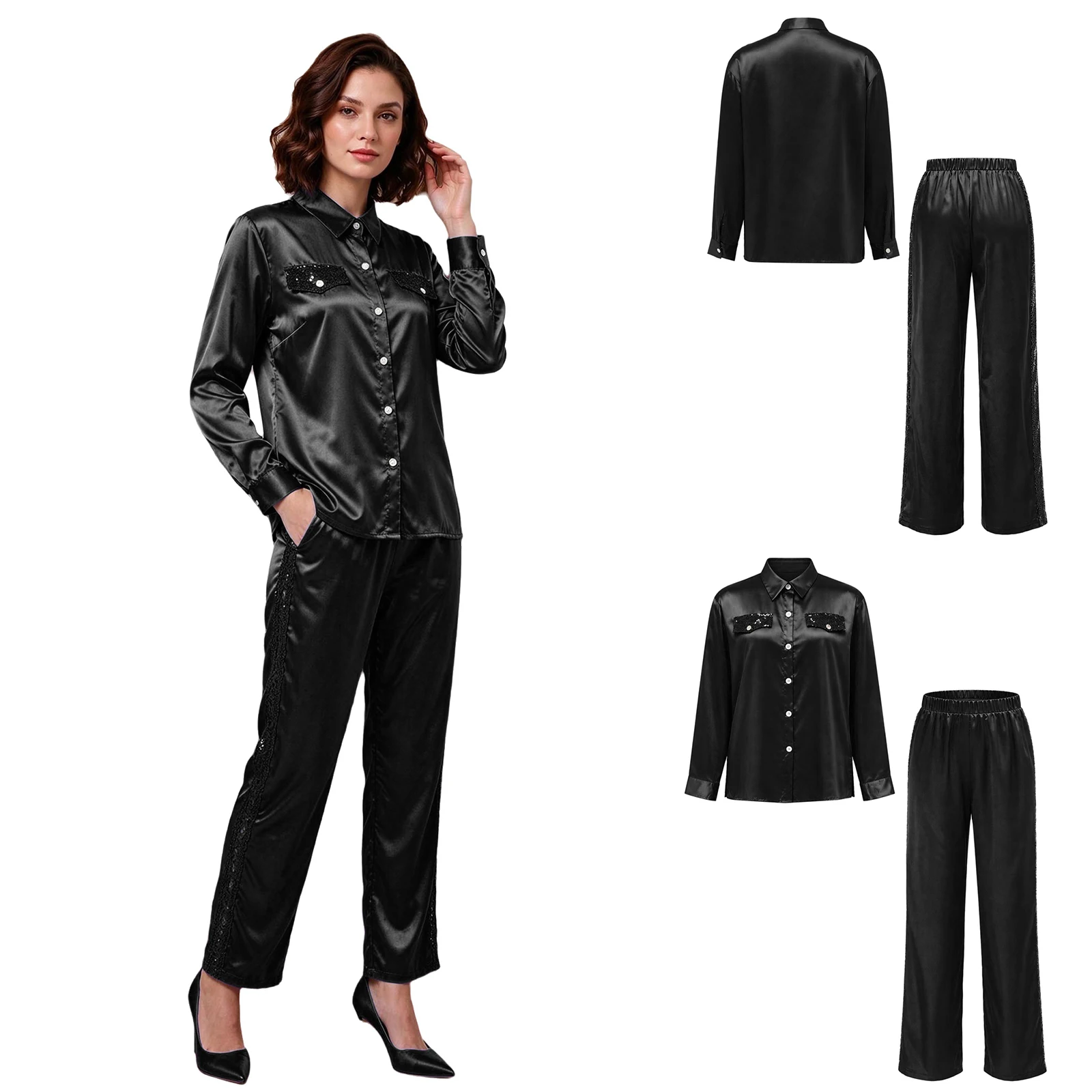 Adults Women Casual Party Clothes Shiny Trousers 2pcs Satin Two Piece Outfits for Female Long Sleeve Shirt with Pants Suits
