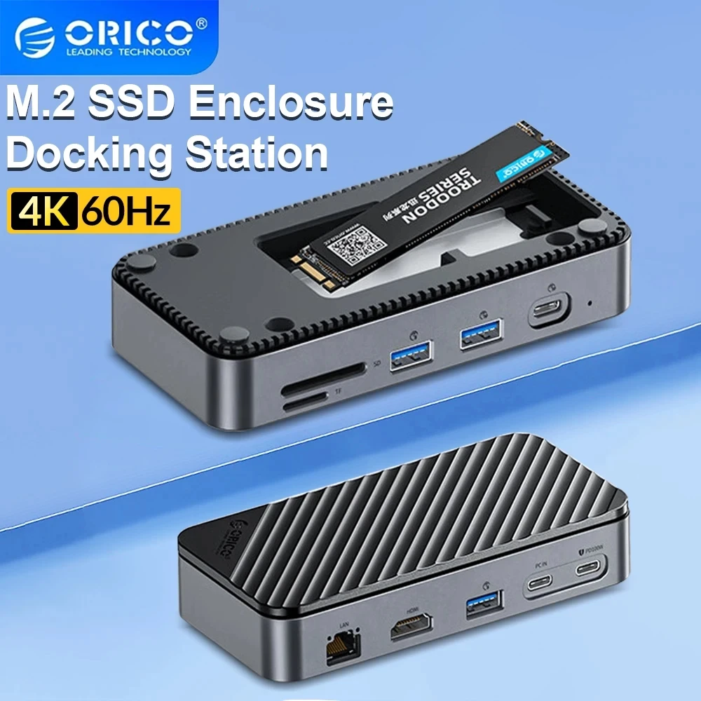 

RICO 10Gbps Type C HUB with Cooling Fan M.2 NVMe SATA SSD Enclosure Case External 4K 60Hz HDMI-Com RJ45 SD TF Docking Station