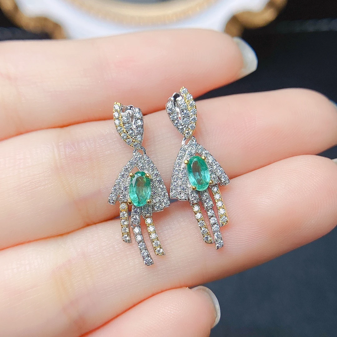 

FS Fashion Real S925 Sterling Silver Inlay 3*5 Natural Emerald Earrings With Certificate Fine Weddings Jewelry for Women MeiBaPJ