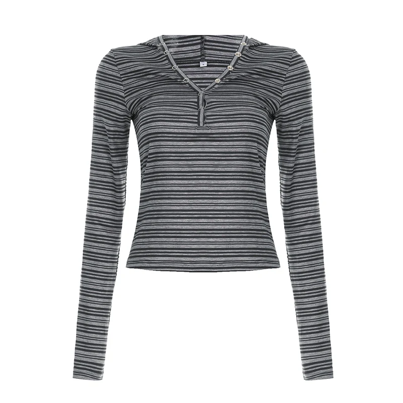 Casual Striped Breasted Long Sleeve Hooded T-Shirts Women Design Slim Fit Simple Fashion Blouses image 5
