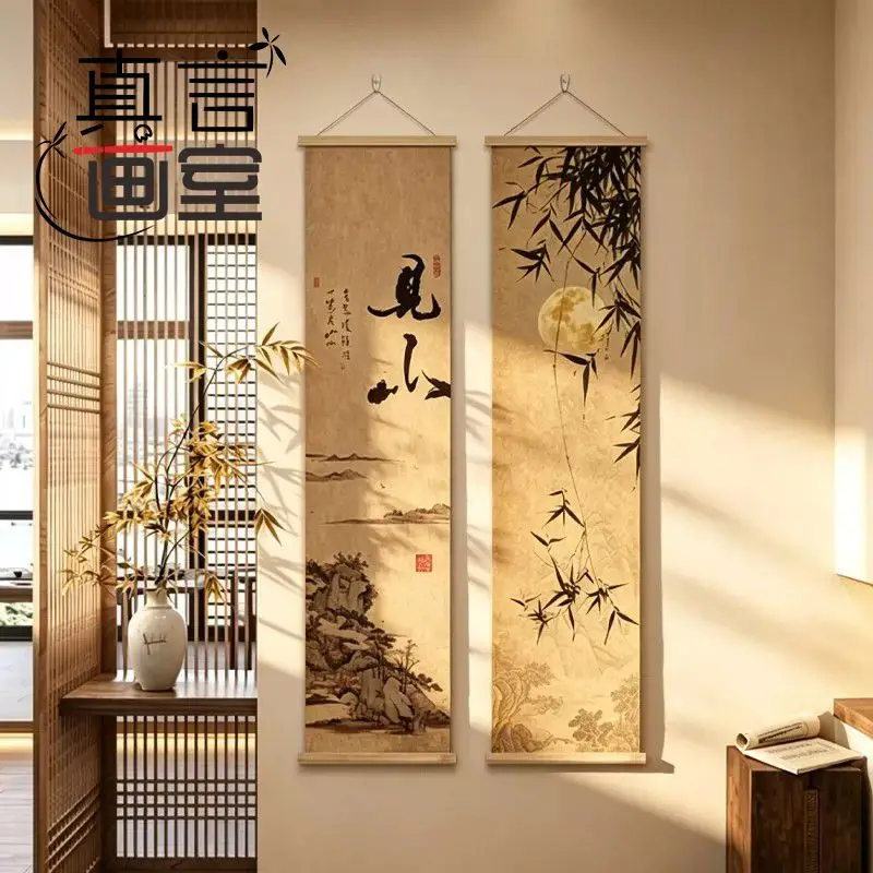Wall Art Song Inspired Mountain Landscape Pearlescent Canvas Hanging Scroll with Wooden Rods for Tea Room and Study