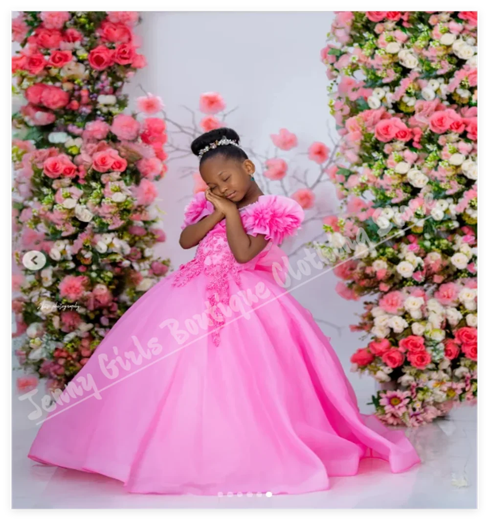 

Элегантное розовое детское платье для дня рождения для девочек, пышное платье с круглым вырезом и короткими рукавами для первого причастия, свадебное платье подружки невесты