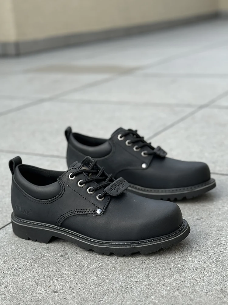 Men Black Shoes Casual Genuime Leather British Style Shoes Oxford Bottomed Lace-up Work Shoes Low Help Male Boots