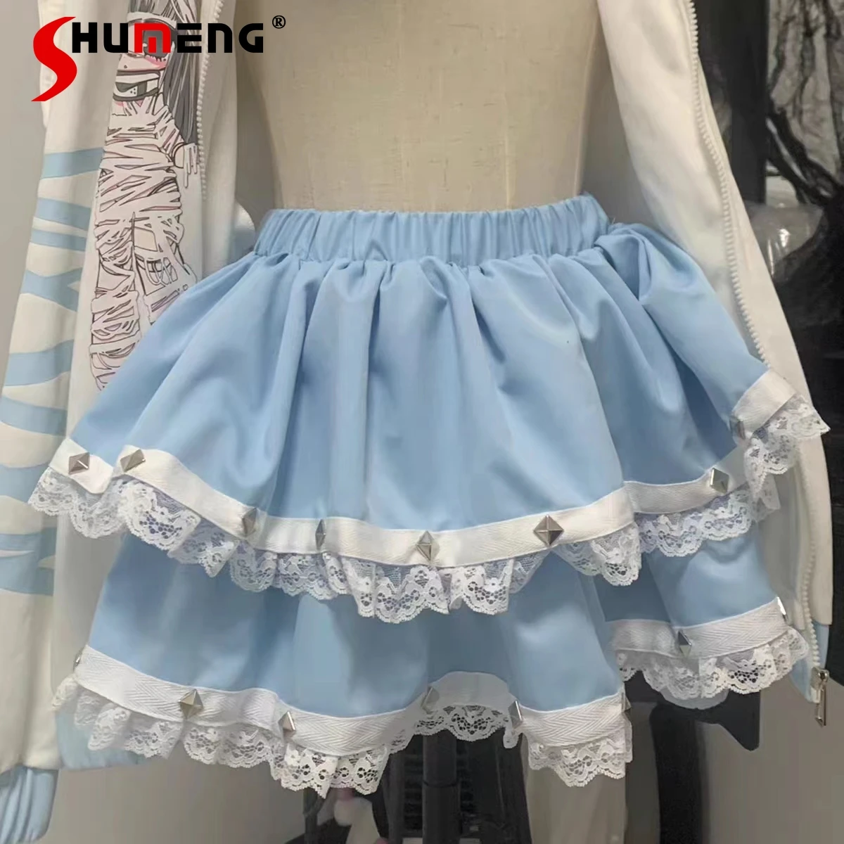 Jupe courte en dentelle bleu eau pour filles, jupe de gâteau, Harajuku japonais, Lolita douce, fille taille haute, Rivet T A-Line