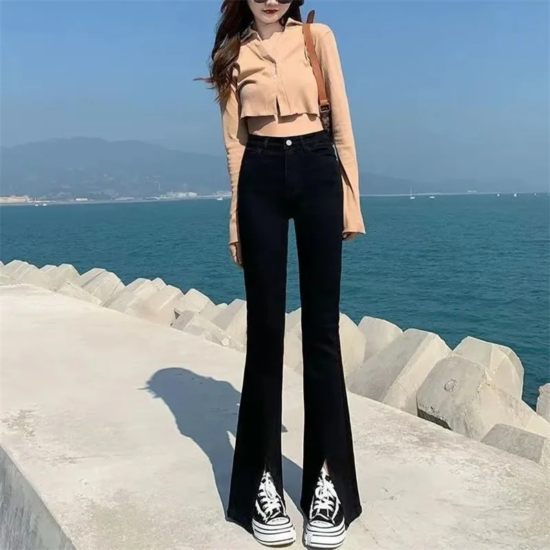 Light-colored High-waisted Micro-flared Jeans Women Spring And Summer New Everything Shows Thin Hong Kong Wind Slit Mopping Pant