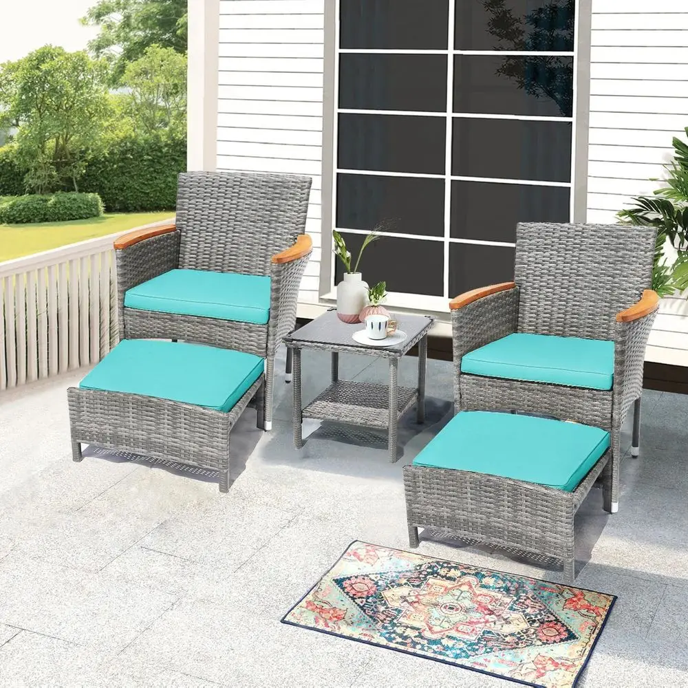 

Gray Wicker 5-Piece Patio Furniture Set with Green Cushions: 2 Chairs, 2 Ottomans, 1 Table