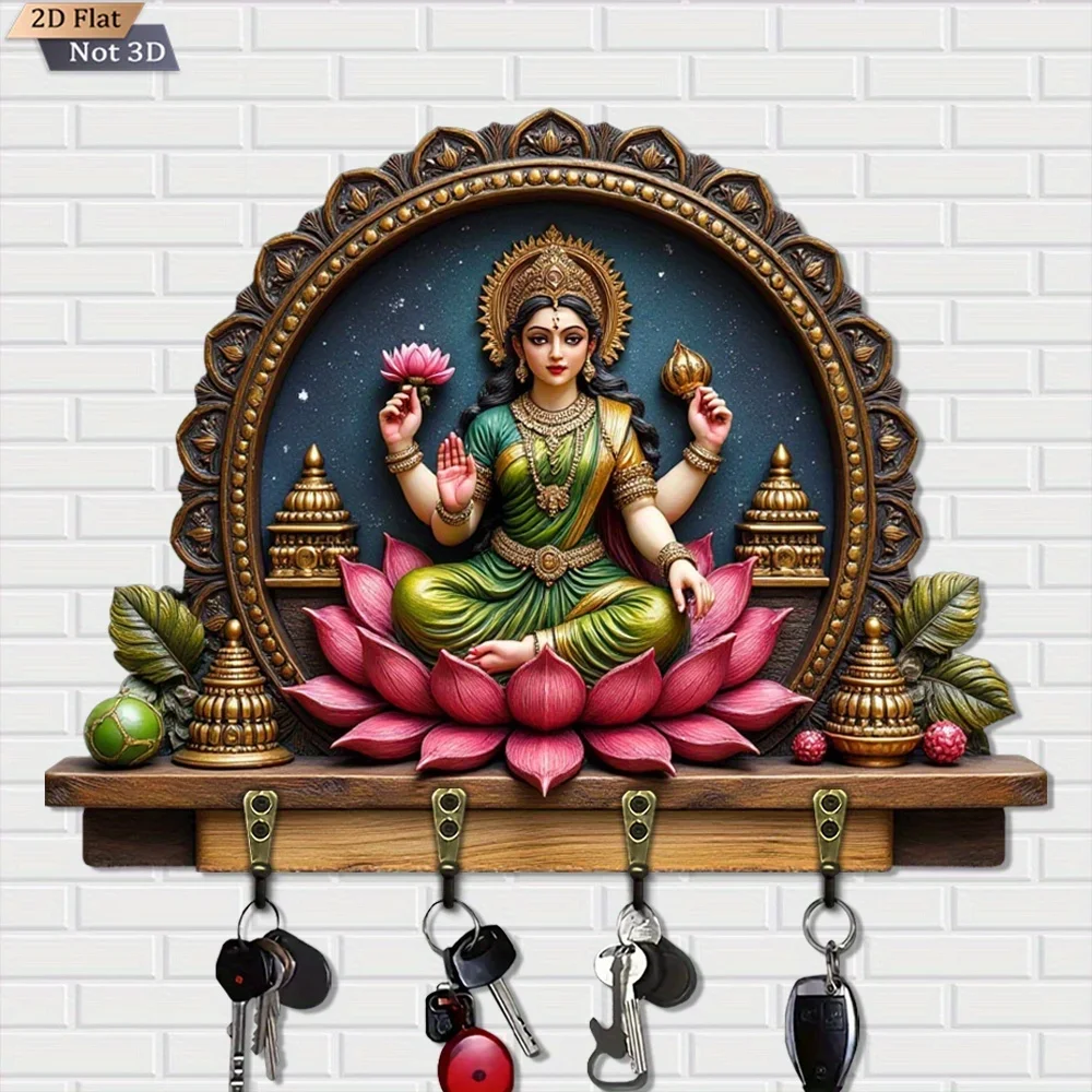 2D Flat Design, 1pc, Lotus Goddess Key Hook Wooden Multifunctional Home Key Holder, with Four Metal Hooks, Suitable for Wall