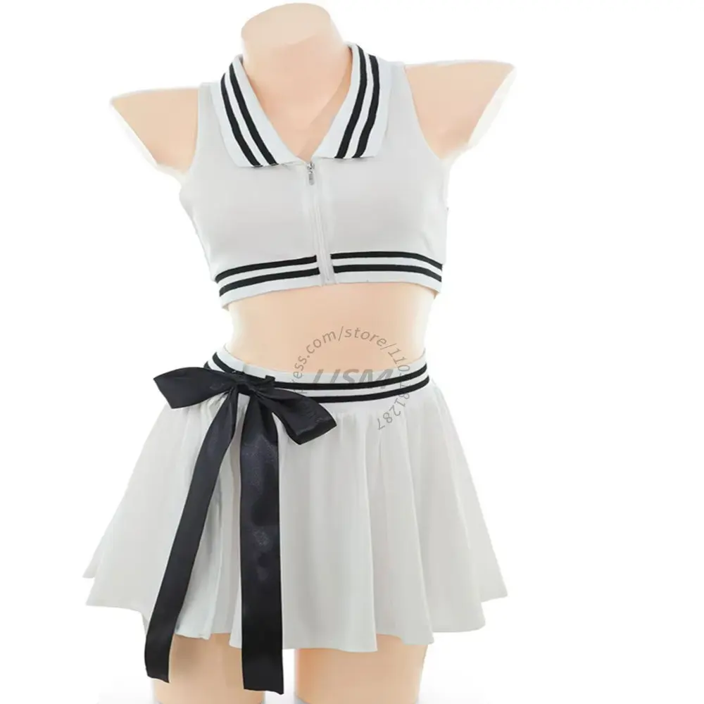 LISM White Tennis Girl Cheerleader Cosplay Lingerie Set For Women, Cropped Sleeveless Top With Pleated Mini Skirt Costume view 2
