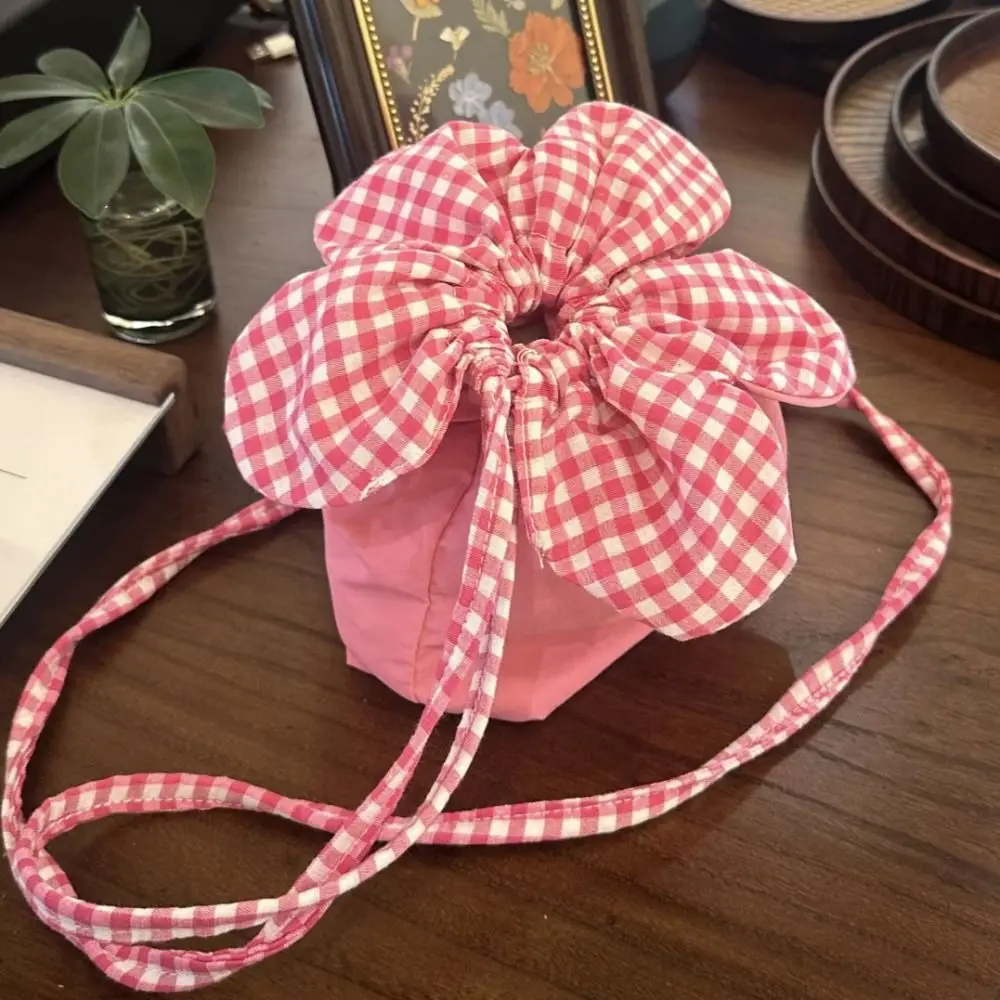 

Lightweight Plaid Flower Drawstring Bag Cute Cloth Small Crossbody Bag Portable Bundle Pocket ins Shoulder Bag Student