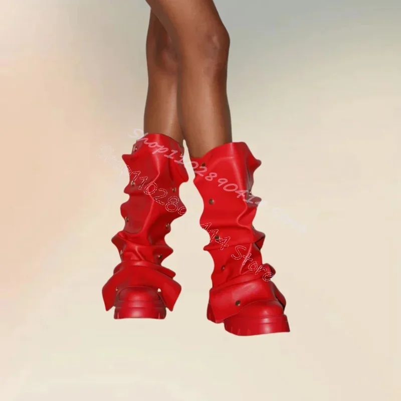 赤いプリーツデザインの波模様ボトムリベットブーツ、スリッポン、レディースシューズ、チャンキーヒール、セクシー、パーティー、宴会、2024、女性用靴