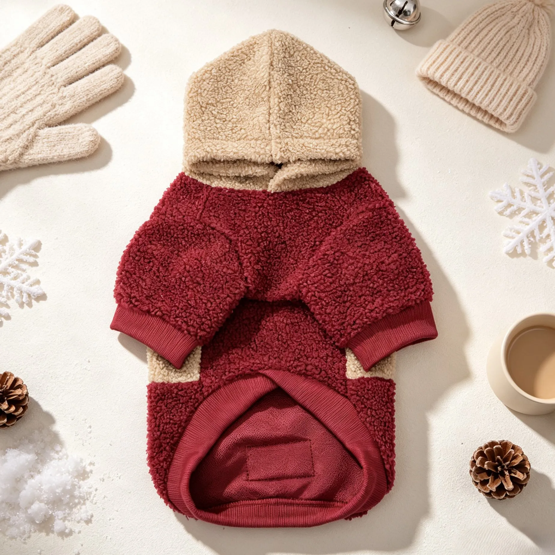 Hundekapuzenpullover, Kapuzenbekleidung für Haustiere, Herbst- und Winterbekleidung für Hunde, farblich abgesetzte Hundebekleidung aus Lammfell, warme Kleidung für kleine Hunde. – Detail 7