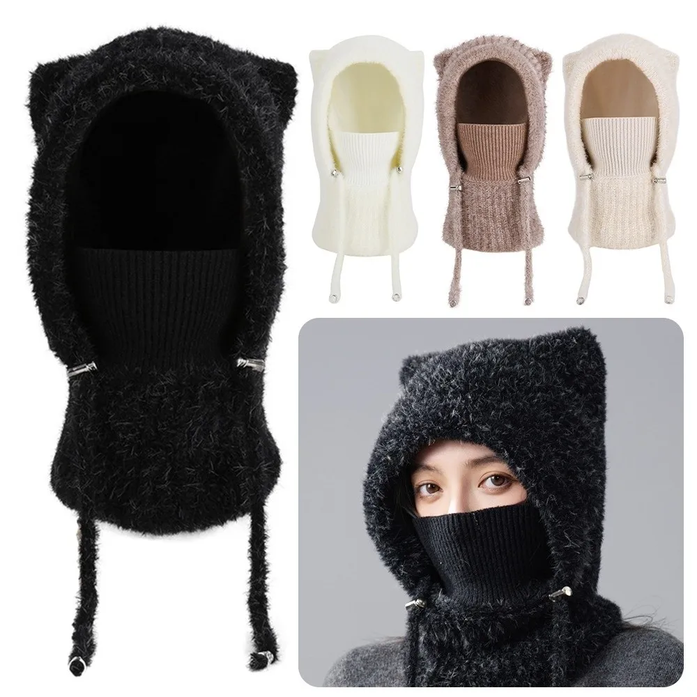 

Cozy Korean Style Balaclava Hat Warm Fluffy Knitted Hat Large Head Circumference Breathable Hooded Cap for Women