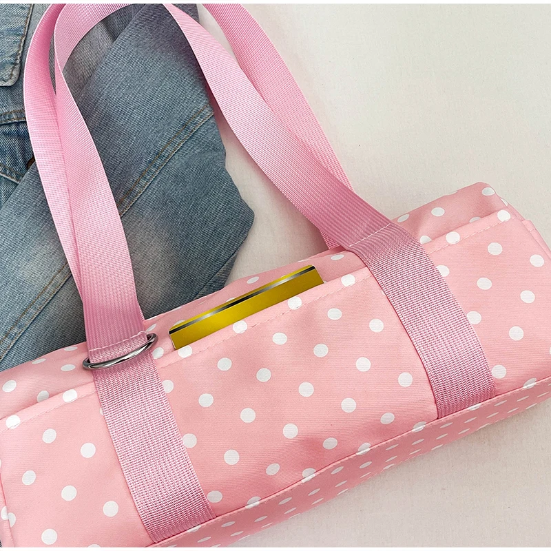 Gepunktete Schultertasche in langem Zylinderformat, Damen-Handtasche mit Tragegriff, zylindrische, leichte, schicke Tragetasche für den Arbeitsweg – Detail 7