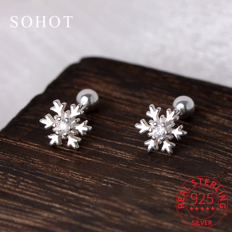 

Real 925 Sterling Silver Snowflake Piercing Screw Bead Zircon Mini Stud Earrings for Women Fine Jewelry Light Luxury Accessories