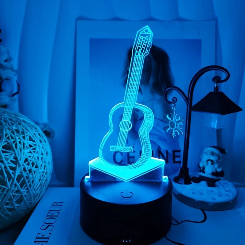 1pc Guitar 3D Night Light, 3D Optical Illusion Lamp With Touch, 7-Color Changing Ambient Light For Bedroom