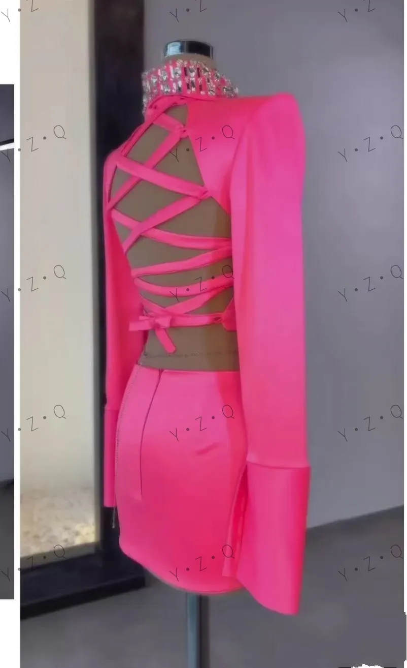 2 pièces robes de bal rose manches longues perles cristaux robe de soirée plissée florale robes de bal courtes ensemble découpé au-dessus du genou longueur