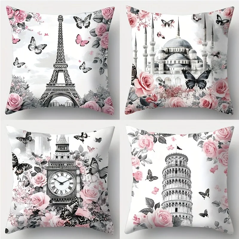 

4 Valentine's Day Pillowcases with Elysée Tower and Rose Prints, Perfect for Sofa, Living Room, and Bedroom Decor
