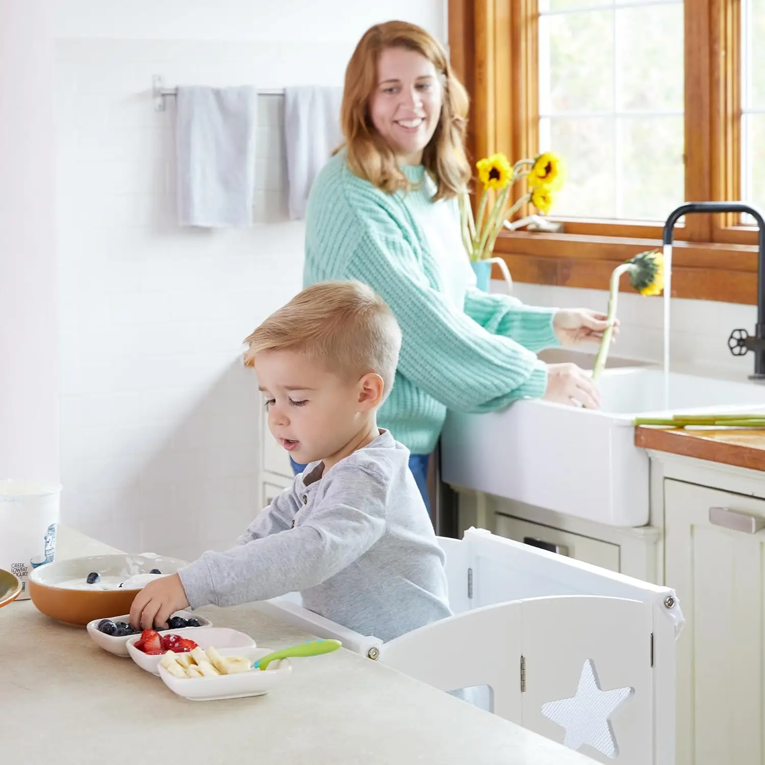 Kitchen Helper® Stool - White with Keepers and Non-Slip Mat: Foldable, Adjustable Height Safety Cooking Tower for Toddlers with