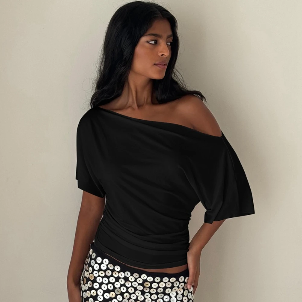 Summer Design Sense Off Shoulder Waist Cinching Short Sleeve T-shirt Women's Simple Versatile Commuting Solid Color T-shirt Top