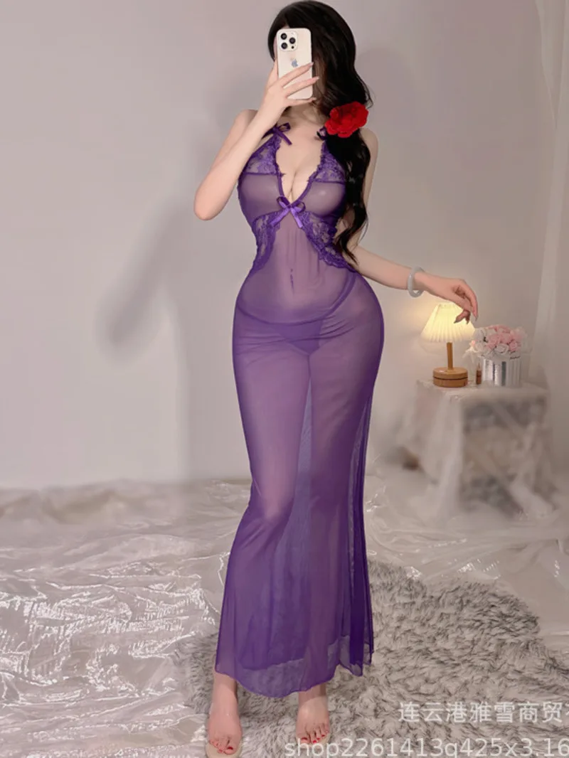 Kobieca seksowna siateczkowa bielizna czarująca siateczkowa koronkowa przezroczysta słodka sukienka seksowna długa sukienka eleganckie modne damskie topy 2025 EHU7