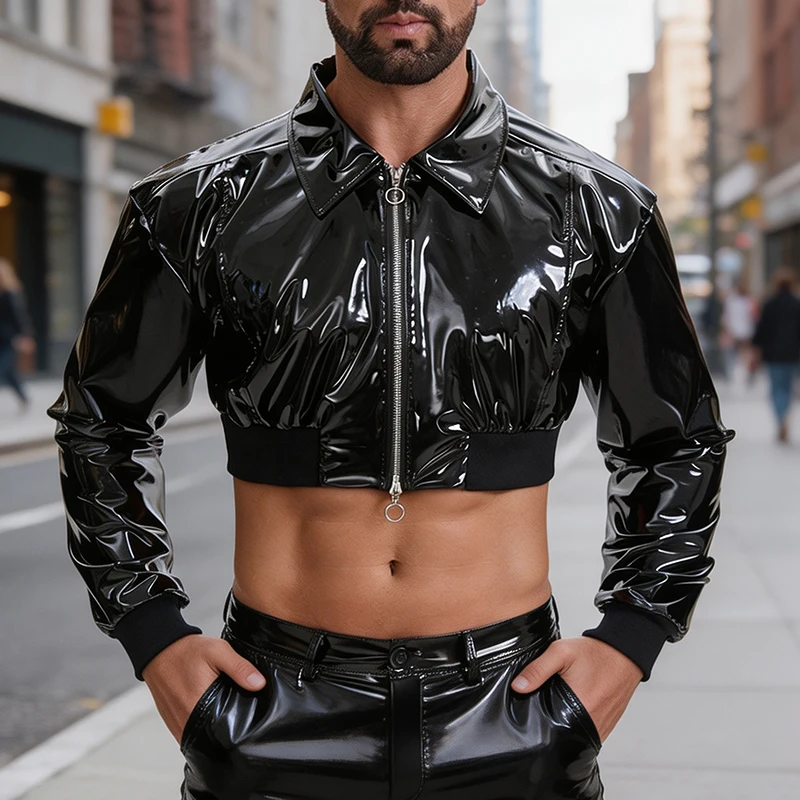 Fall Fashionable Mens PU Leather Short Jacket Vintage Zip-up Lapel Slim Jackets Men Nightclub Style Shiny Leather Crop Coats