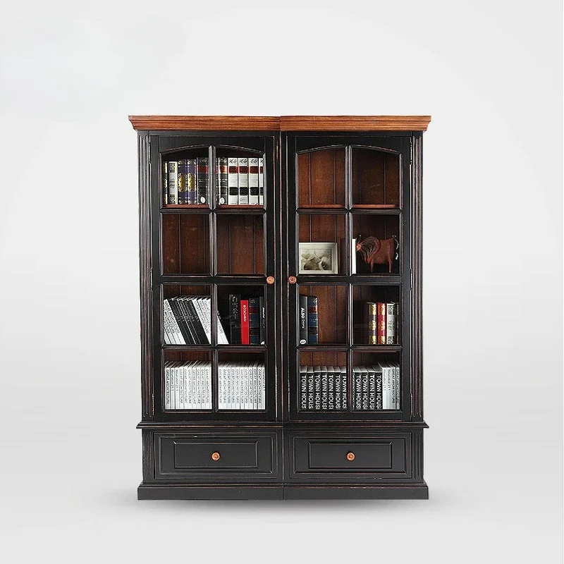 American rural solid wood bookcase Mediterranean, free combination storage glass door bookcase