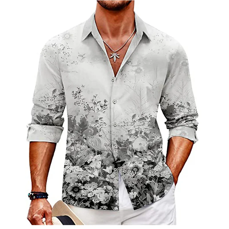 2023 men's flower shirt summer leisure lapel street graffiti flower printing long sleeve oversized shirt men's cardigan