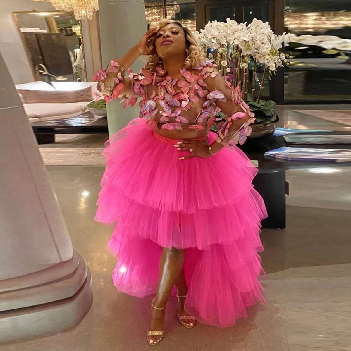 

Hot Pink Tulle Tiered Women Skirt Elastic Waist A Line Tutu Skirt To Party High Low Floor Length Lady Skirt Custom Color Size