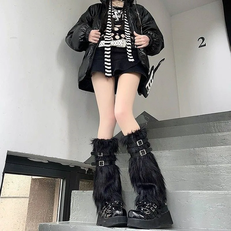 Scaldamuscoli in pelliccia con reggicalze in pelle Scaldamuscoli Lolita Calzini invernali punk da donna Copri stivali con leggings imitazione addensati
