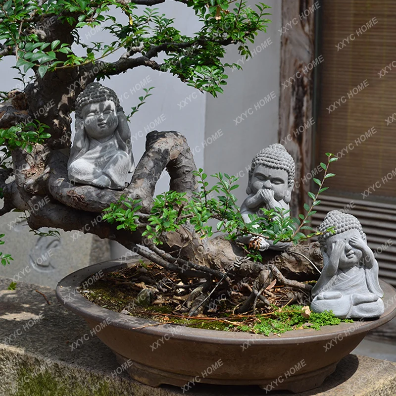 New Chinese Style Courtyard Decoration Sanbu Small Sitting Buddha Statue Garden Balcony Decoration Teahouse Zen Bonsai