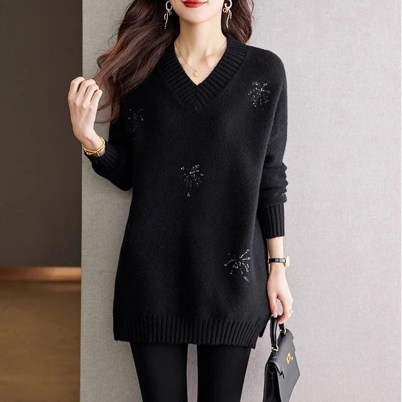 

Женский свитер большого размера, новый, осенне-зимний, с V-образным вырезом, утепленный, черный, средней длины, вязаный джемпер