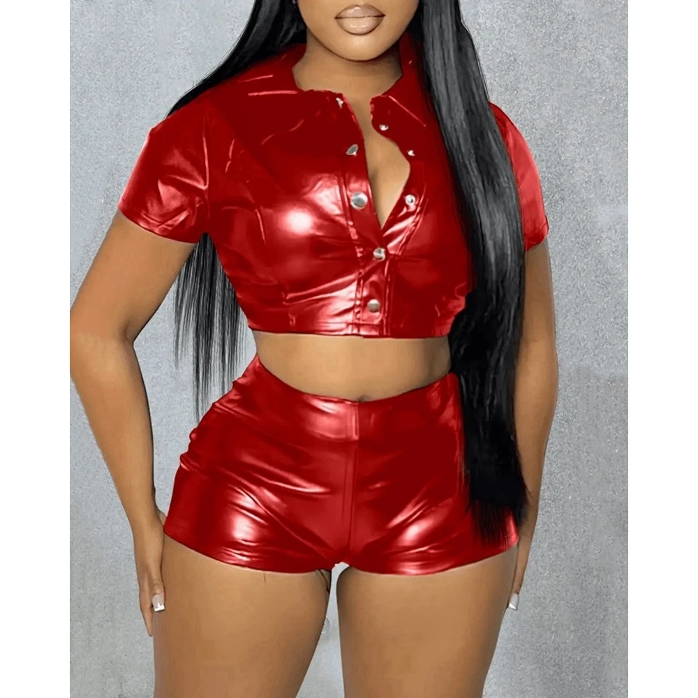 

Summer Casual Pu Leather 2 Piece Set for Women Turn-down Collar Buttoned Shirt Cropped Top & Shorts Sets Femme Nightclub Outfits