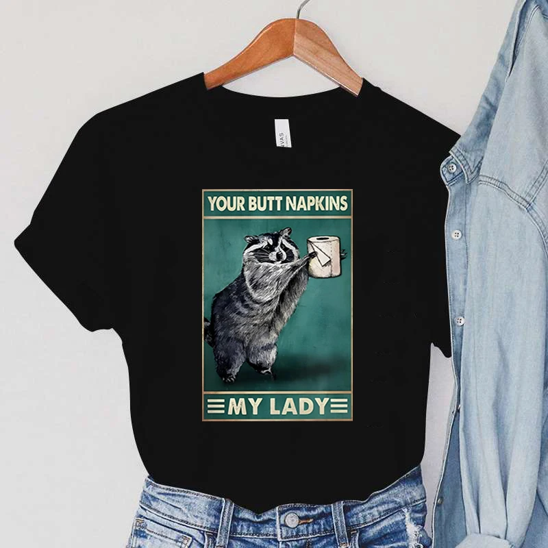 

Raccoon Butt Napkins Funny Women's T-irt Long Sve Slim Fit Youthful Trend Henry Collar irt Autumn Collection