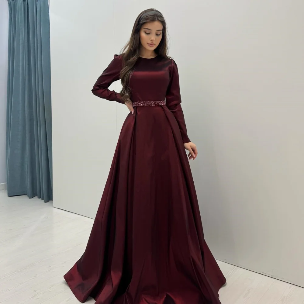 Customized Modern Style Fashion Pleat Sash Beading Sequined A-line Scoop Neck Long Dresses Evening Dresses Sizes Available Retro
