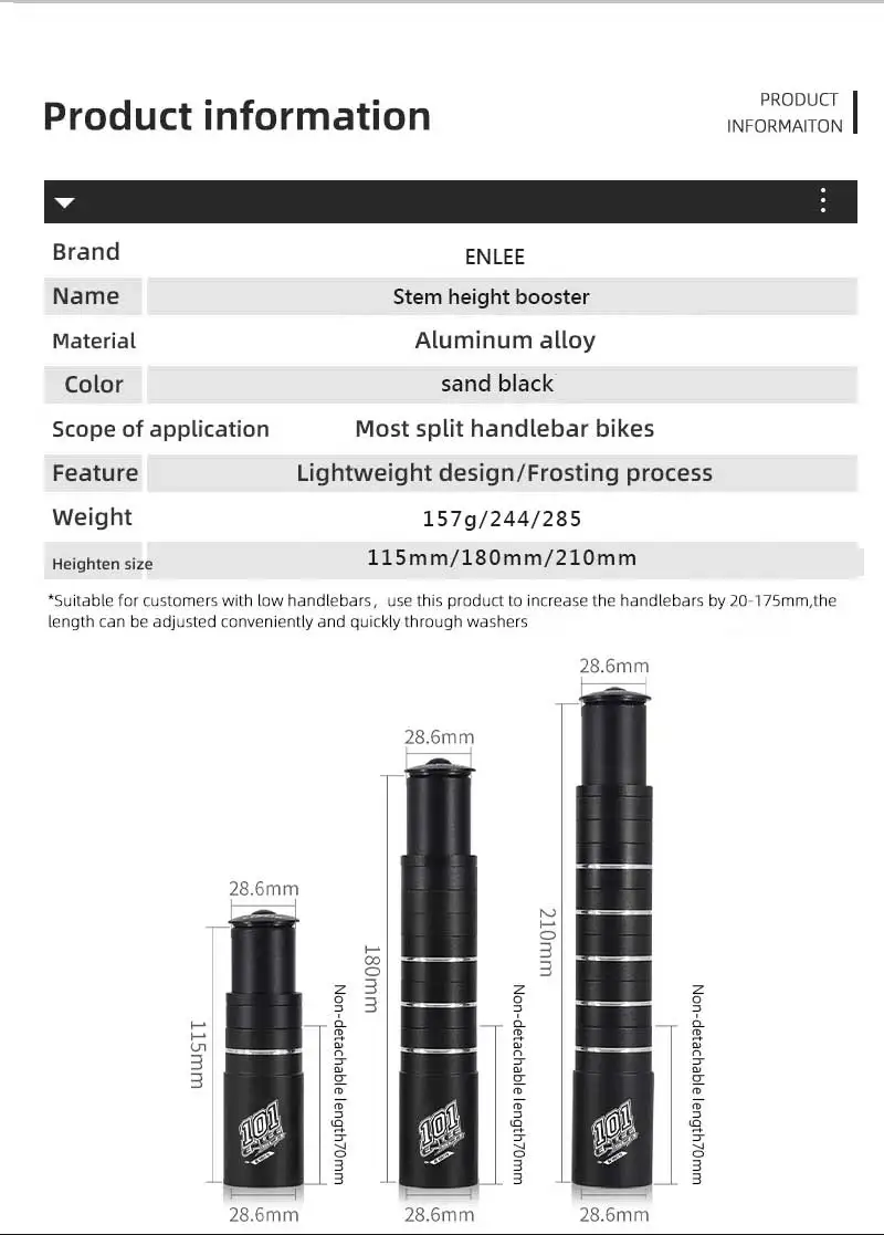 ENLEE Fahrradgabel Vorbau Höhe Extender Lenker Rise Up Adapter Aluminiumlegierung Höhe Spacer Fahrradzubehör 210 mm 28,6 mm – Detail 3
