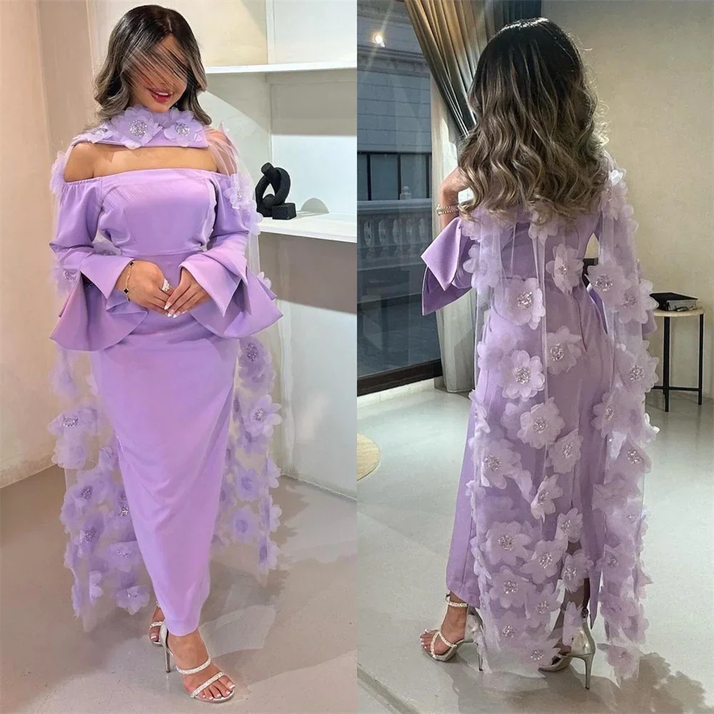 

Customized Evening Dress Saudi Arabia Dearin Off-the-shoulder Sheath Ankle Length Skirts Tulle Stole Applique Flower Bespoke Occ