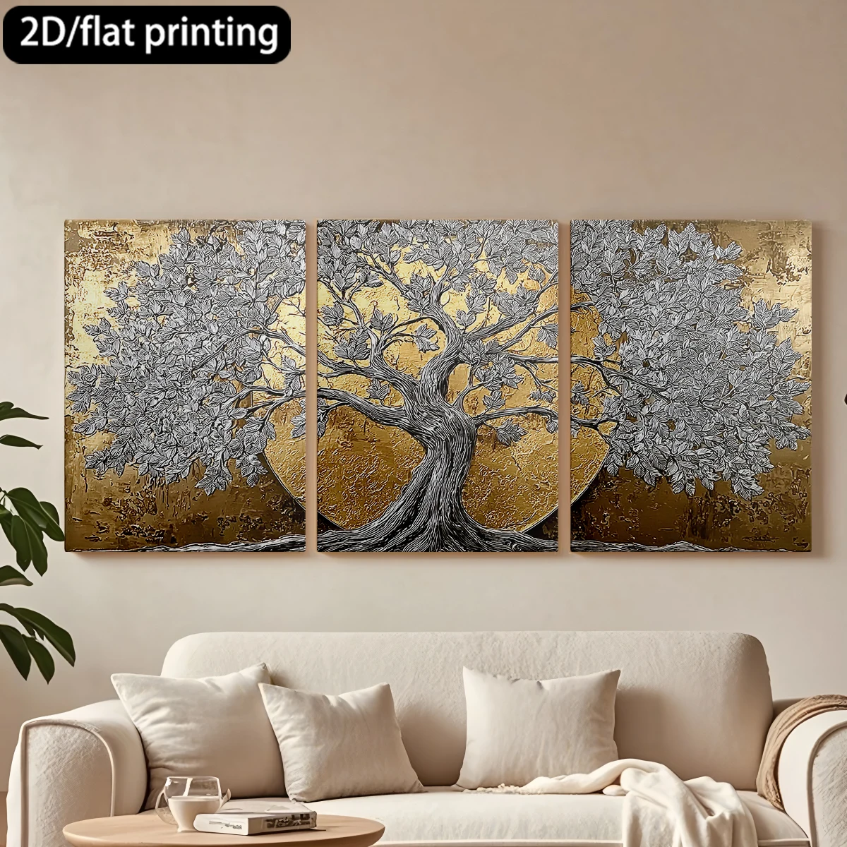 

2D плоская печать, 3-х частная декоративная картина на холсте в деревянной раме, металлический оттенок, Древо жизни. Декор для коридора и спальни.