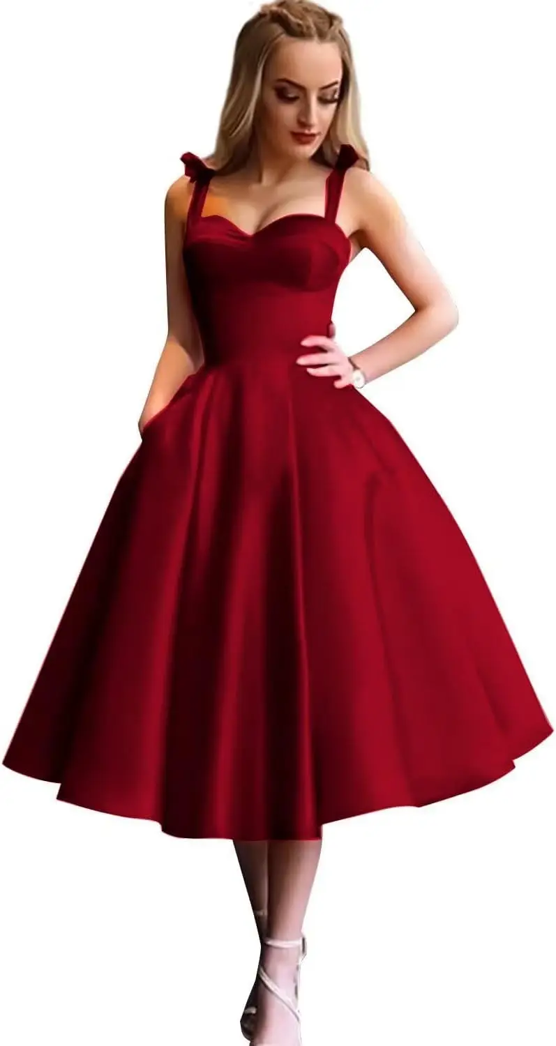 

Satin Tea Cocktail Dress Back To School Dress,Suitable for Teenagers with Suspender Short A-line Dance Evening Gown,with Pockets