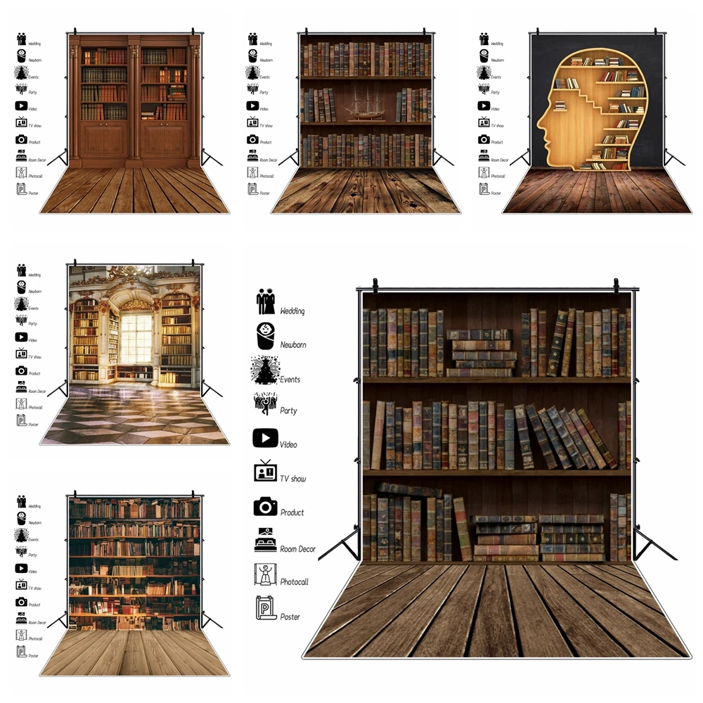 

Bookshelf Photography Backdrop Vintage Magic Books Grunge Ancient Wood Bookcase Library Baby Portrait Photo Background Studio